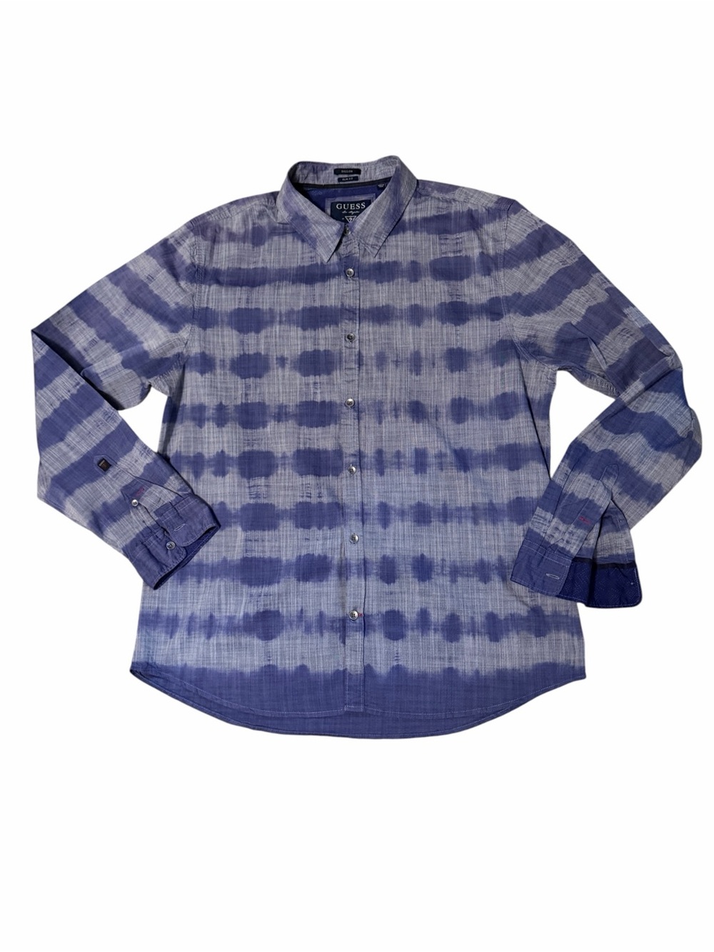 GUESS Men's Indigo Tie-Dye Stripe Button-Down cotton long sleeve Shirt XL